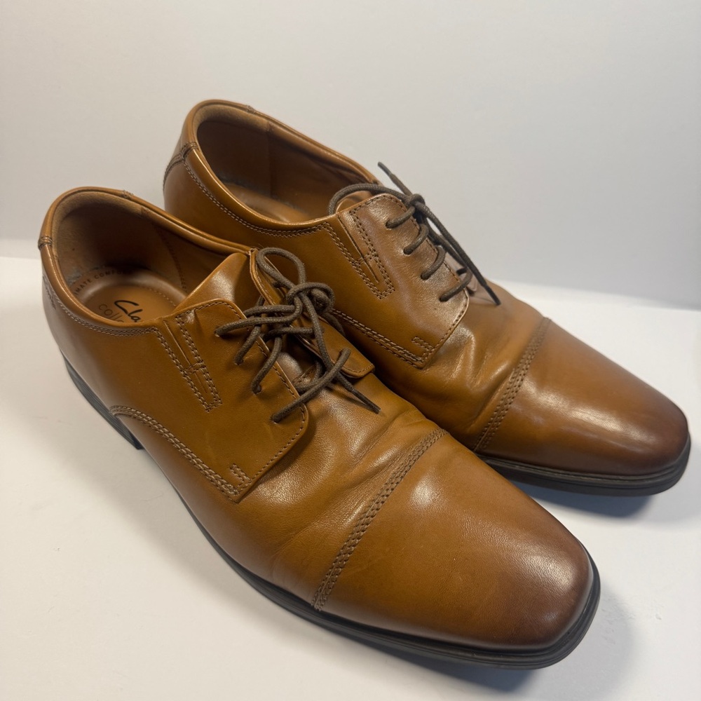 Clark’s collection men leather Oxford dress shoes 11.5W tan brwn comfort cap toe